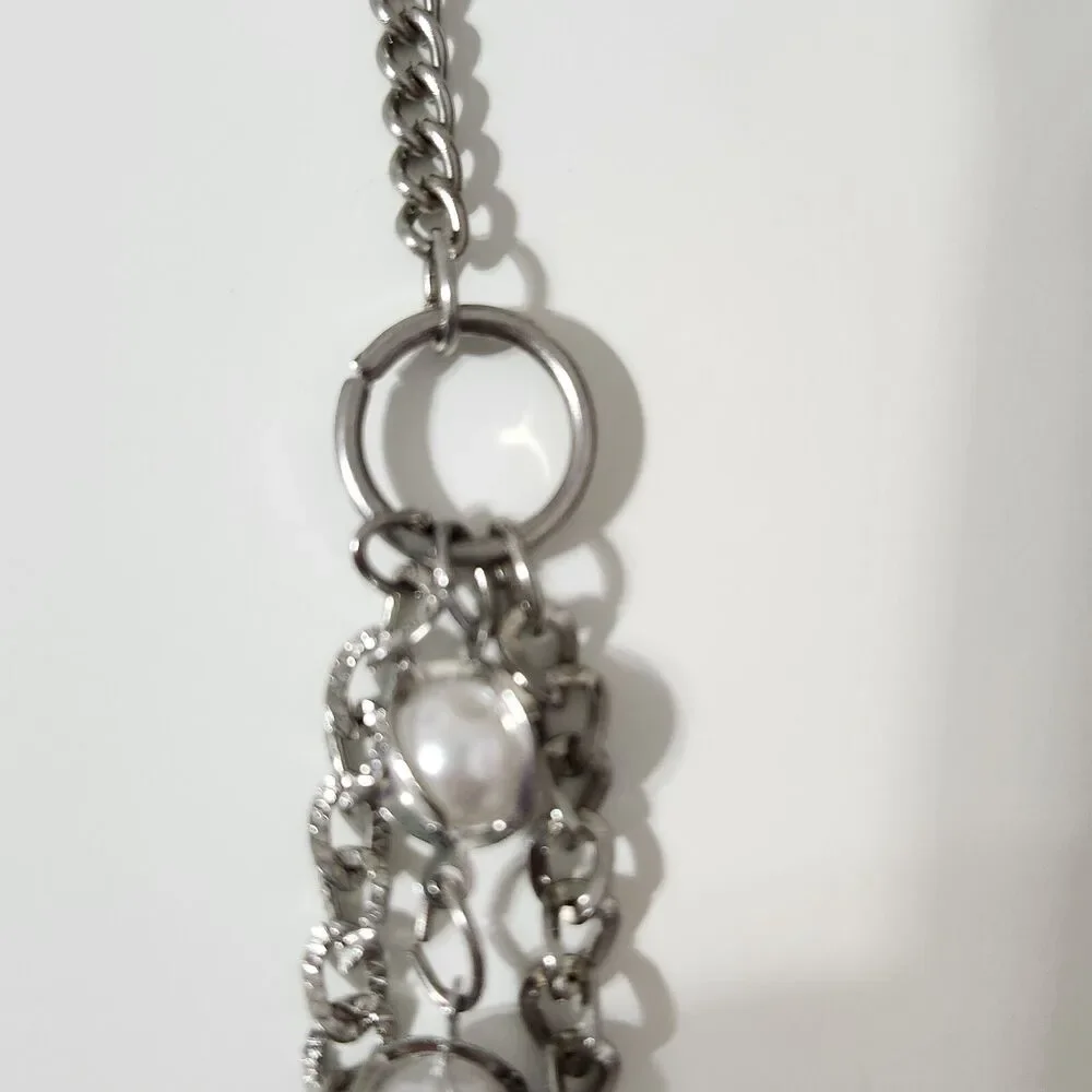 Multi Strand Layered Silver Tone Pearl Beaded Chain Ringlet Necklace Lobster